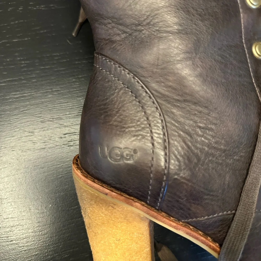 UGG Brown Leather Olive Wool High Calf Boots 8.5 - Picture 4 of 8